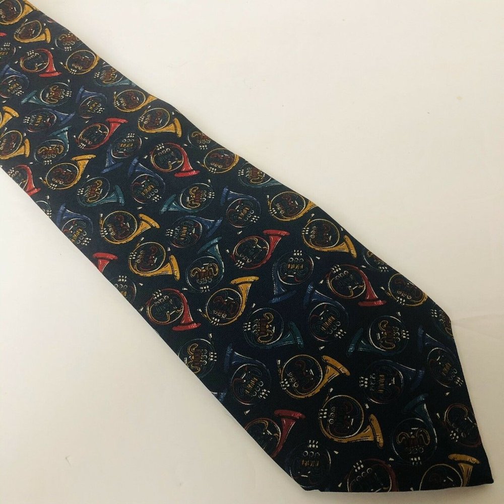 Caballo Collection Necktie Mens Navy Blue French Horn Musical Instrument Print